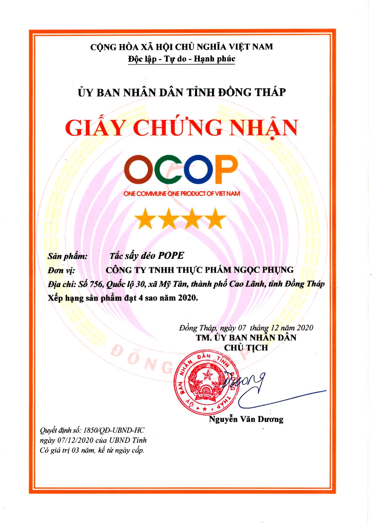 Giấy chứng nhận OCOP 4 sao